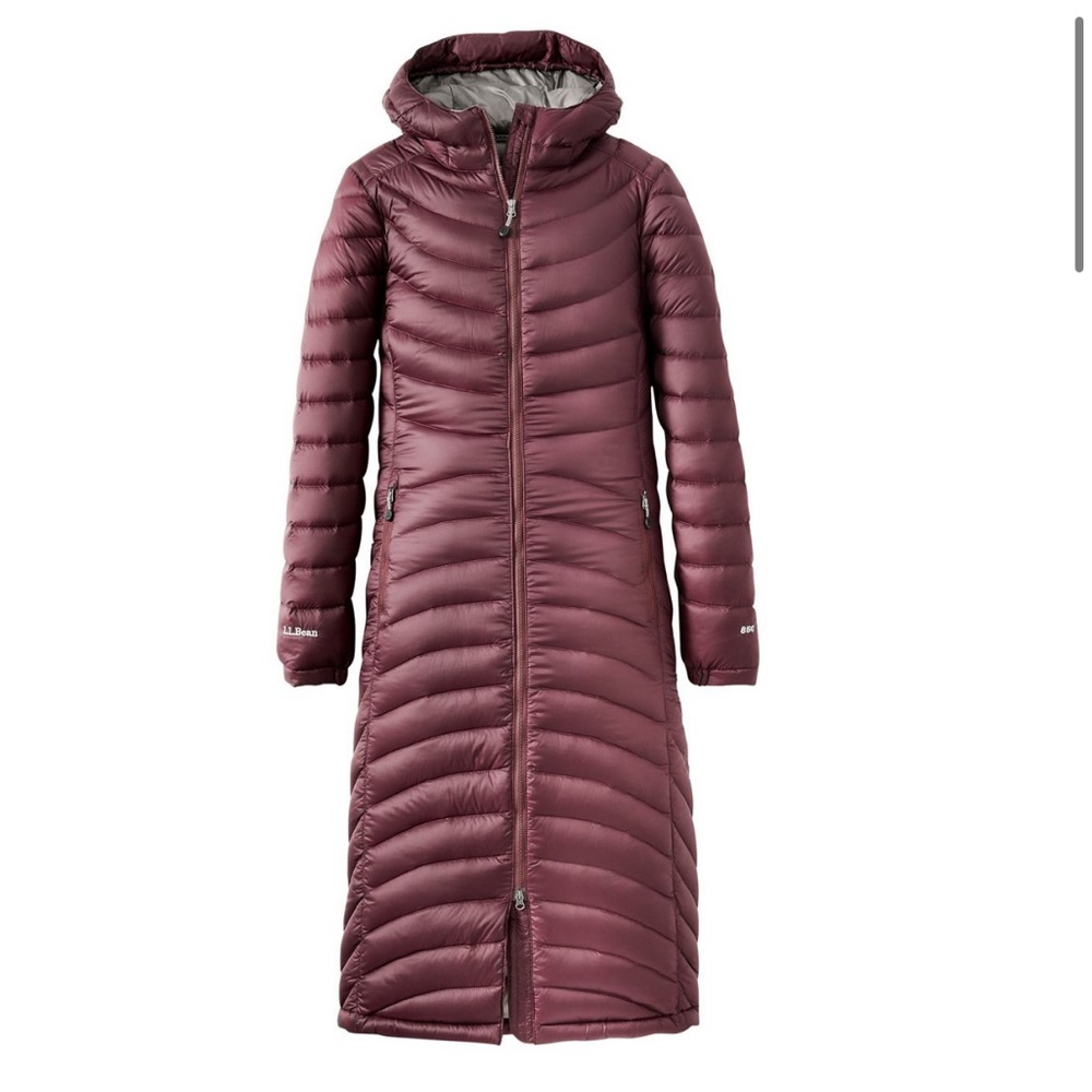 L.L.Bean Ultralight 850 Down Coat, Long Puffer Coat in Dark Plum Maroon